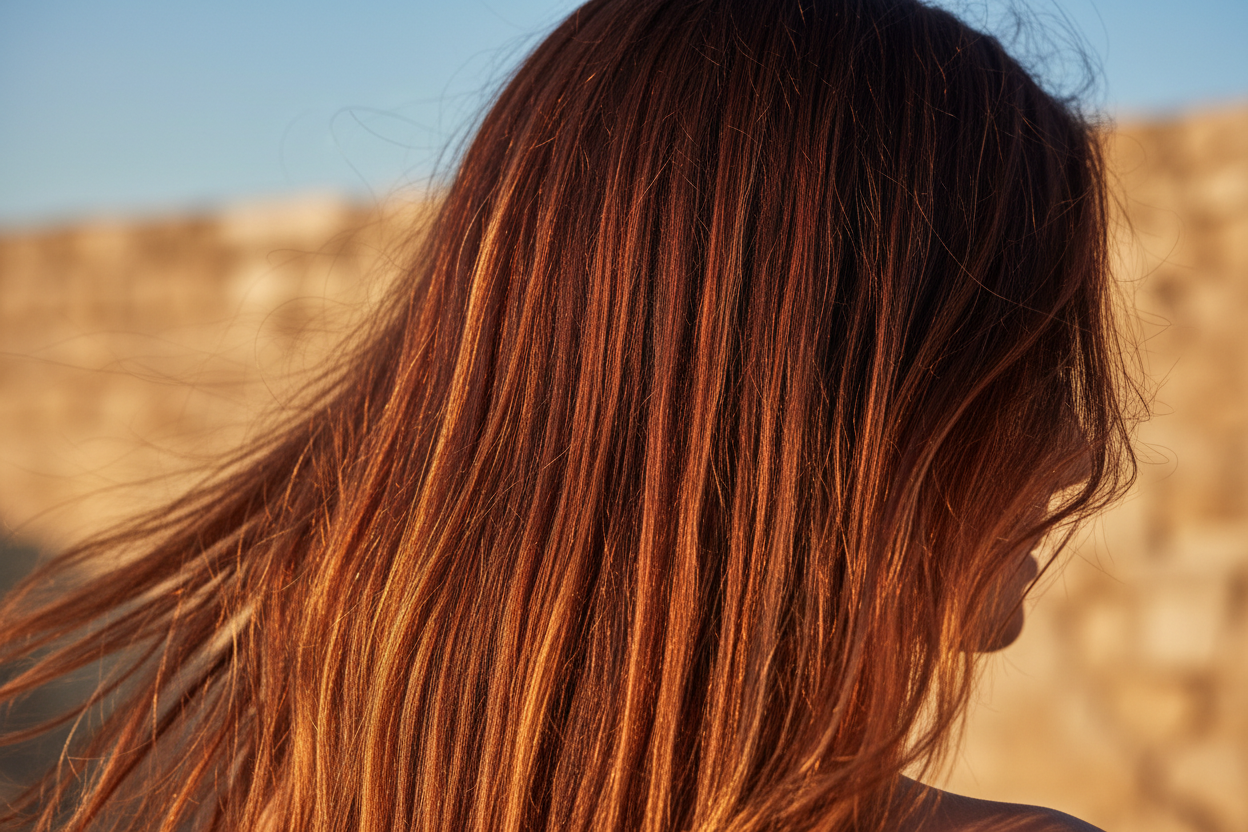 Coloured hair with warm copper and auburn highlights in Mediterranean sunlight, Cyprus