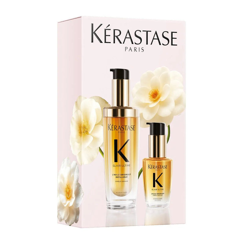 Kérastase Elixir Ultime Gift Set with L’Huile Originale hair oil 75ml and 30ml for shine, smoothness and frizz control.