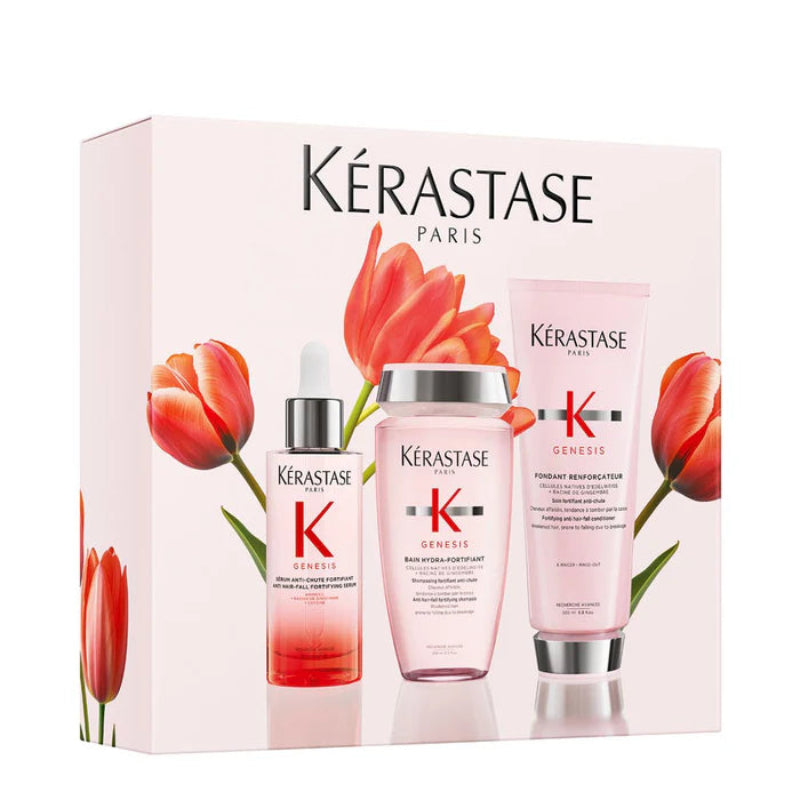 Kérastase Genesis Trio Gift Set with Bain Hydra-Fortifiant Shampoo, Fondant Renforçateur Conditioner and Serum Anti-Chute Fortifiant hair strengthening routine.