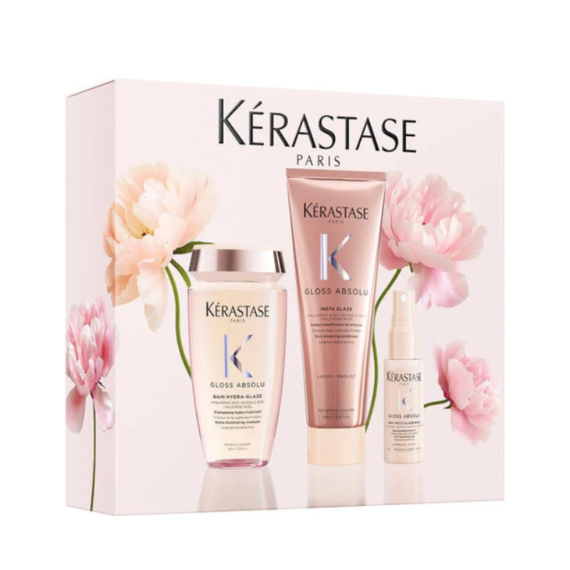 Kérastase Gloss Absolu Trio Gift Set with Bain Hydra Glaze Shampoo, Fondant Insta Glaze Conditioner and Anti-Frizz Glaze Milk smoothing routine.