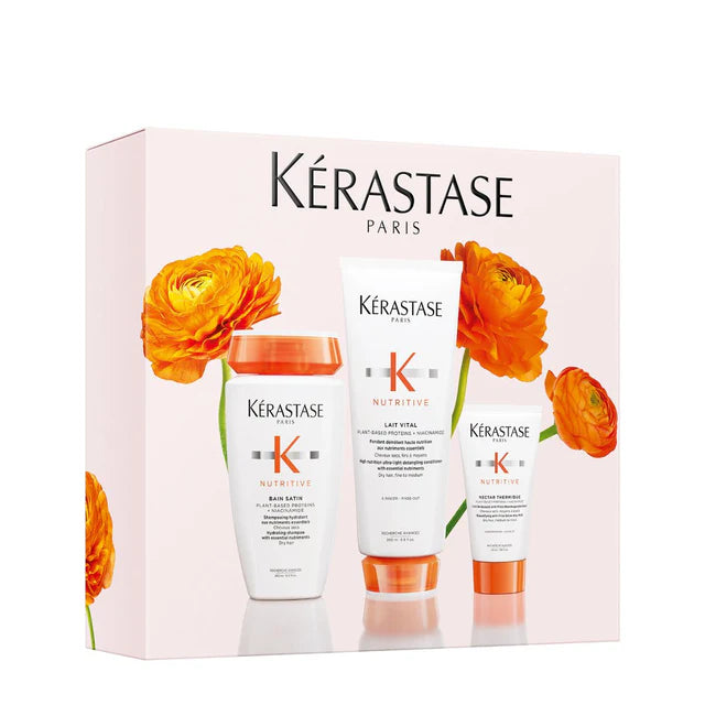 Kérastase Nutritive Trio Gift Set with Bain Satin Shampoo, Lait Vital Conditioner and Nectar Thermique nourishing routine for dry hair.