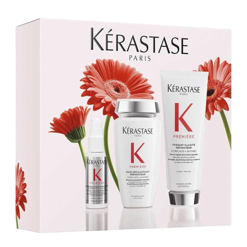 Kérastase Première Trio Spring Set with Bain Décalcifiant Rénovateur, Fondant Fluidité Réparateur and Concentré Décalcifiant Ultra-Réparateur hair repair routine.