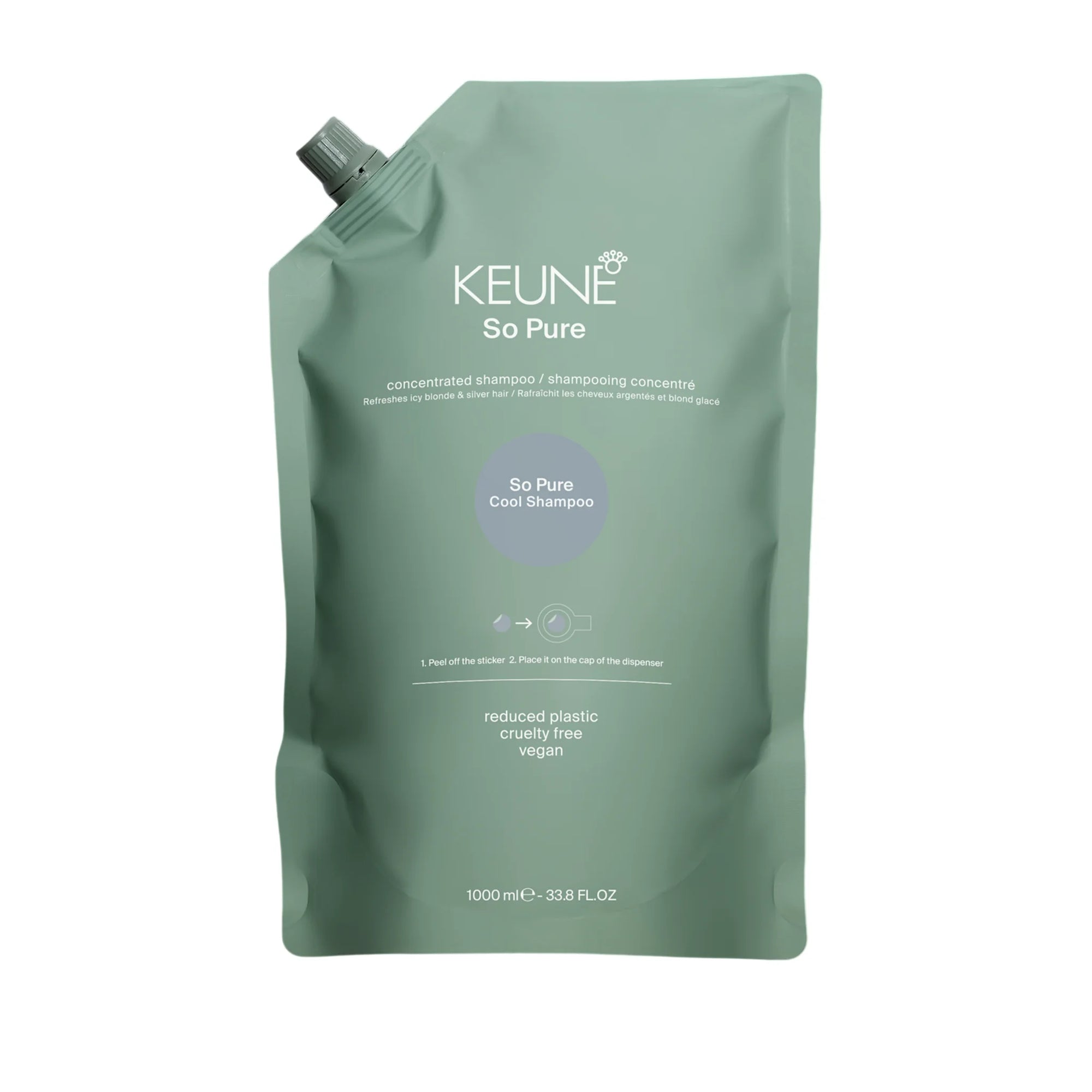 Keune So Pure Cool Shampoo Refill 1000ml, vegan cooling refill pouch in Cyprus at WOOP