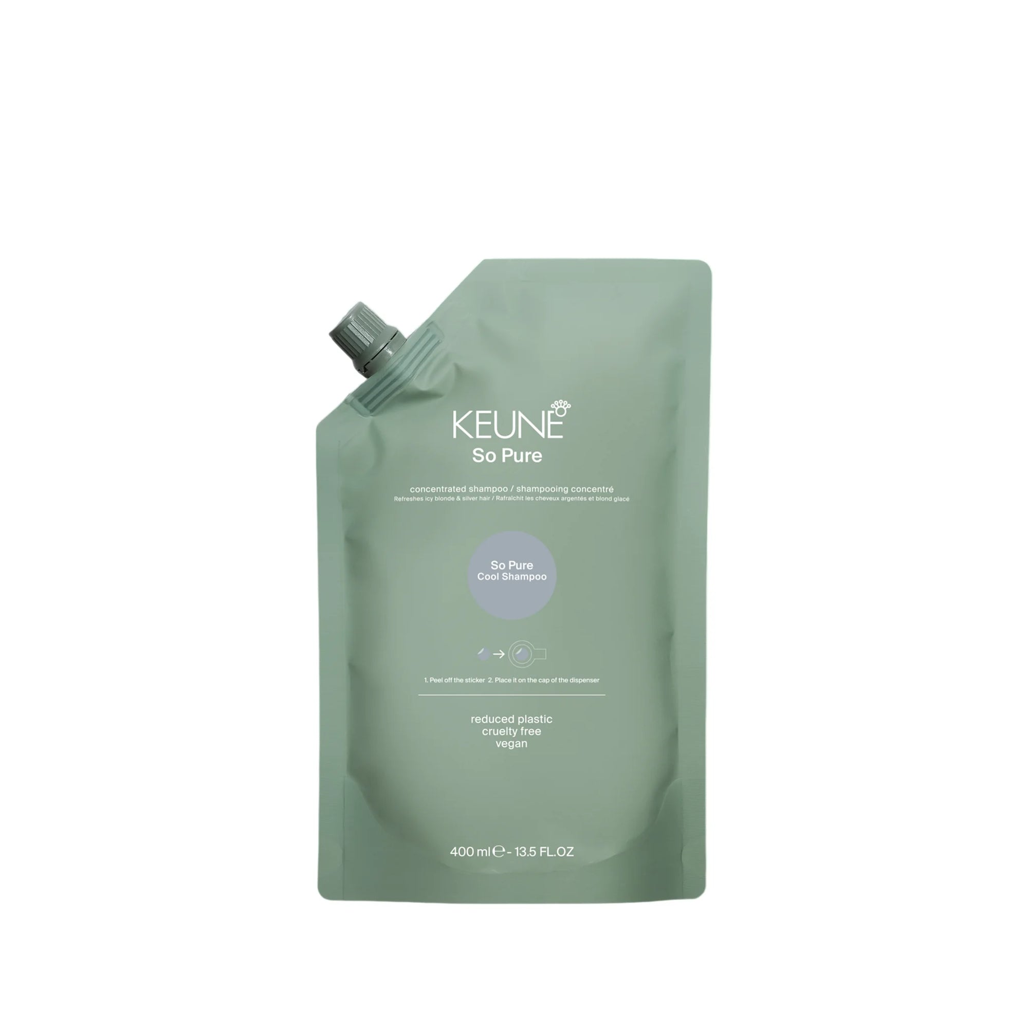 Keune So Pure Cool Shampoo Refill 400ml, vegan cooling refill pouch in Cyprus at WOOP