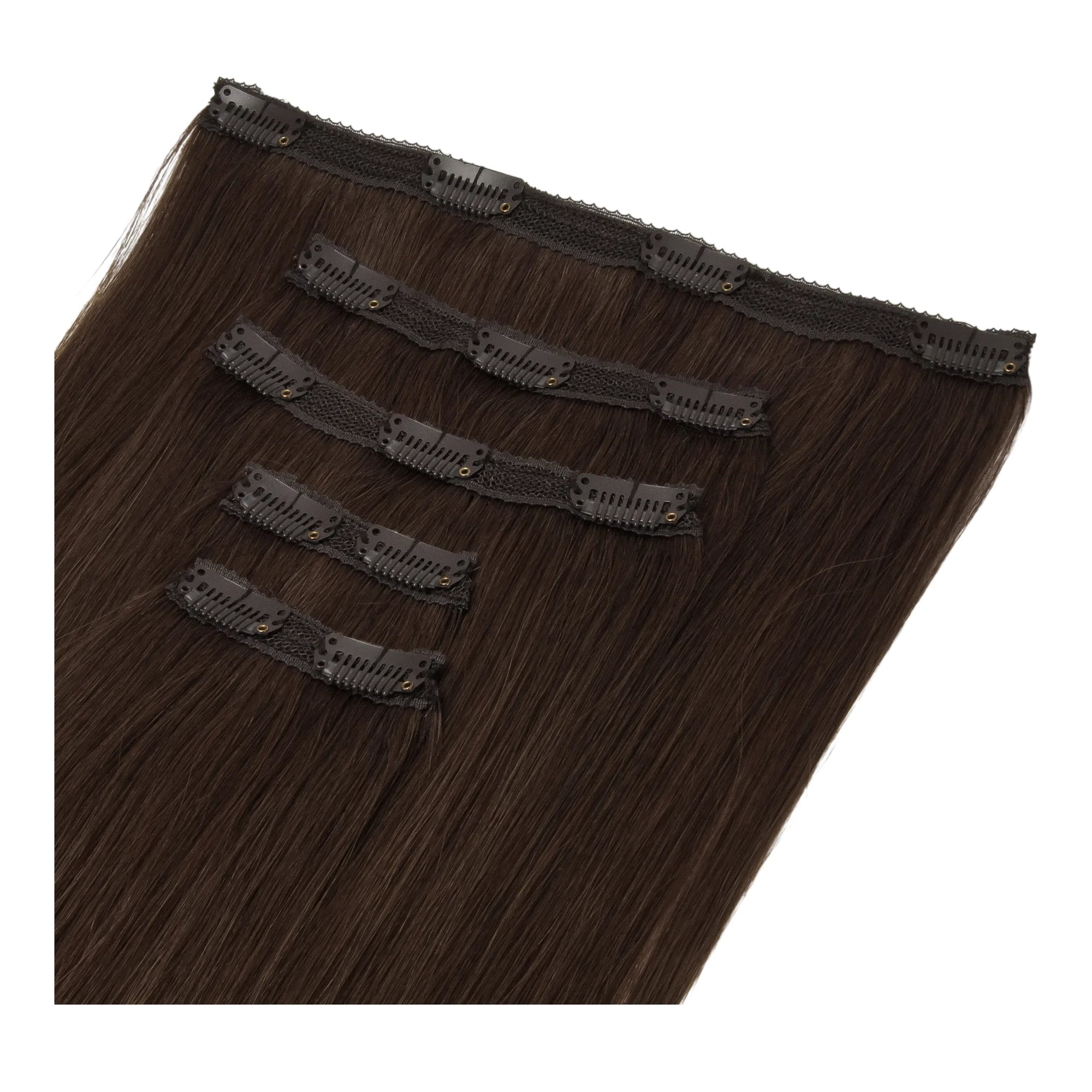 ENVY Clip-In Extension Coffee Bean, side view showing clip placement and hair length