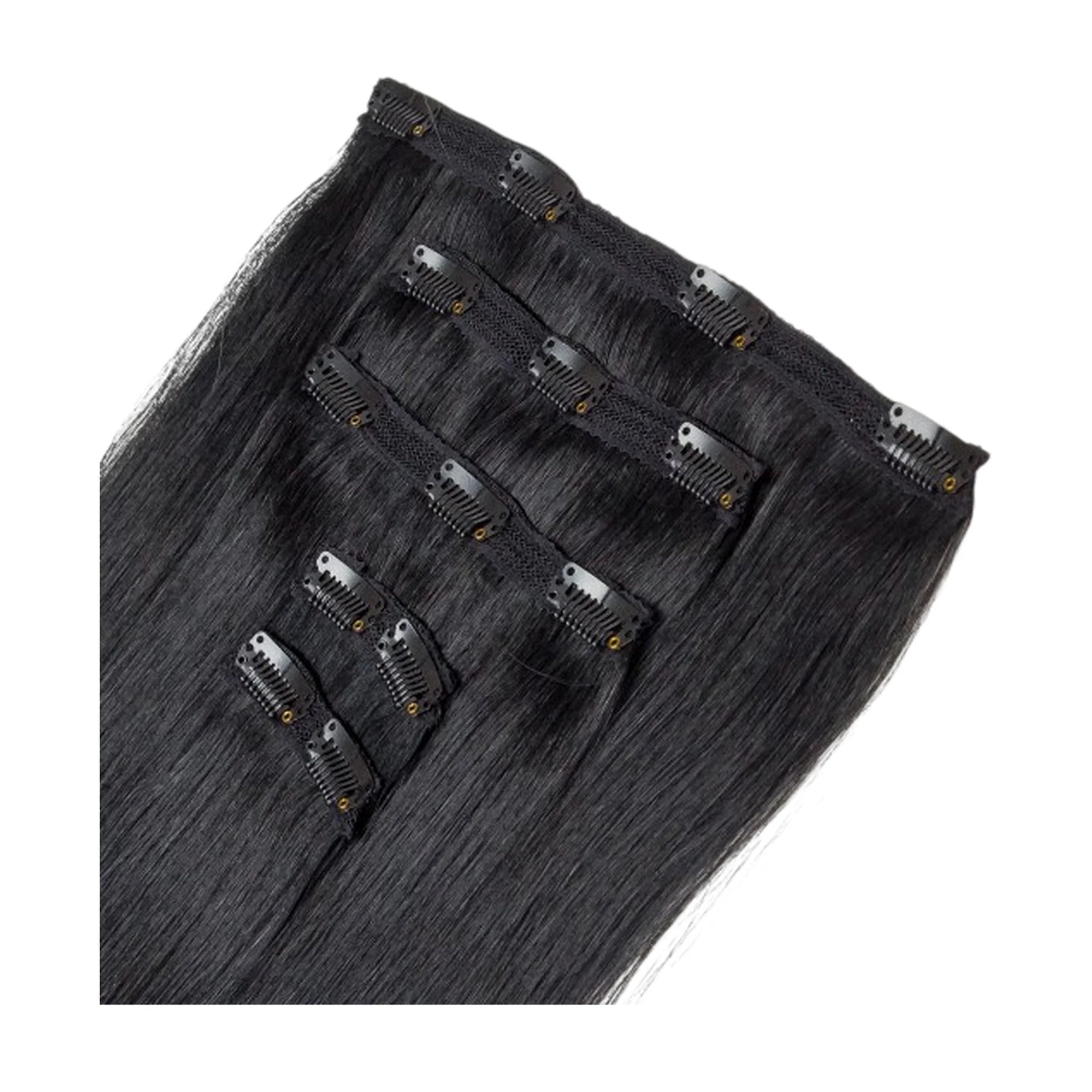 ENVY Clip-In Extension Dark Night, side view showing clip placement and hair length