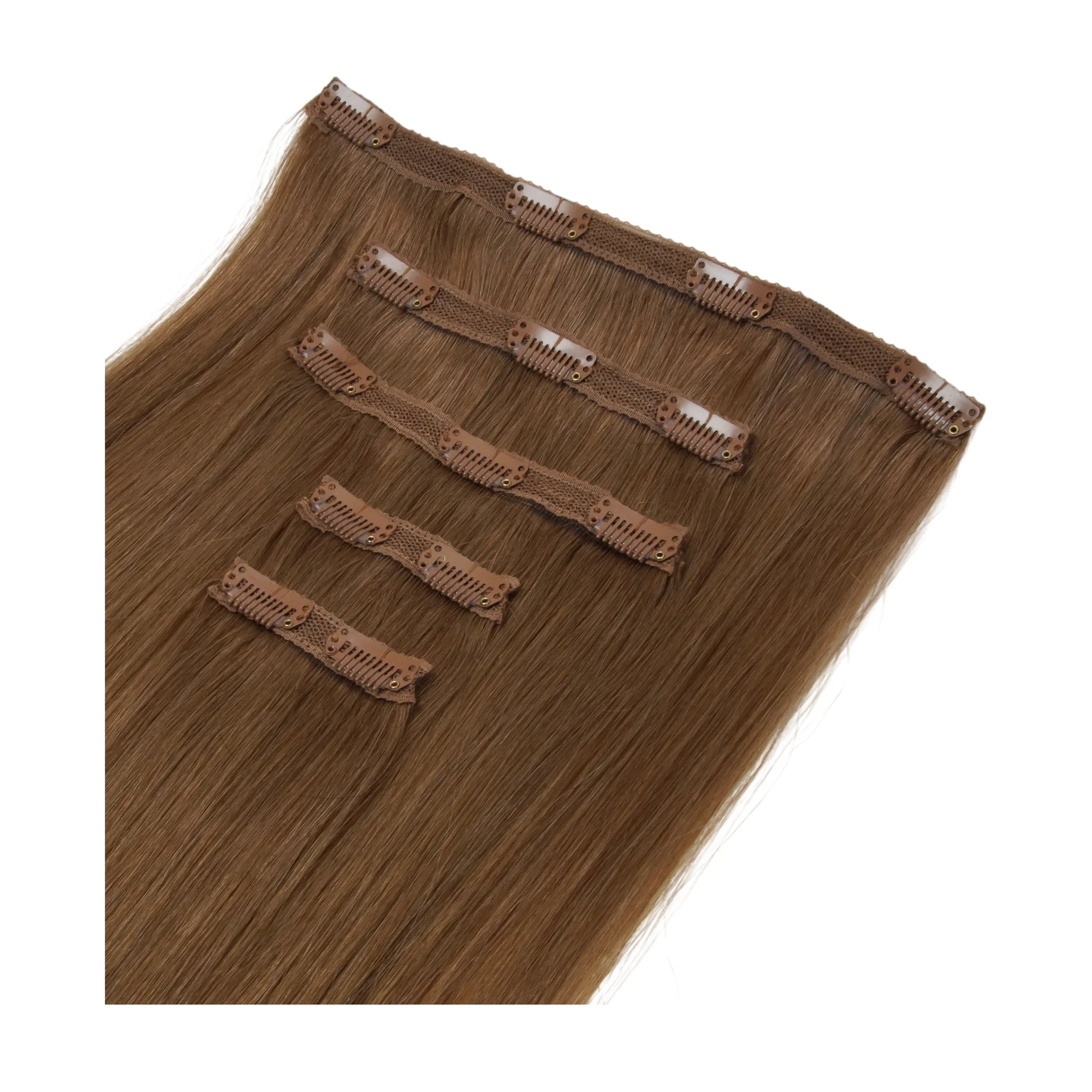 ENVY Clip-In Extension Gingerbread, side view showing clip placement and hair length