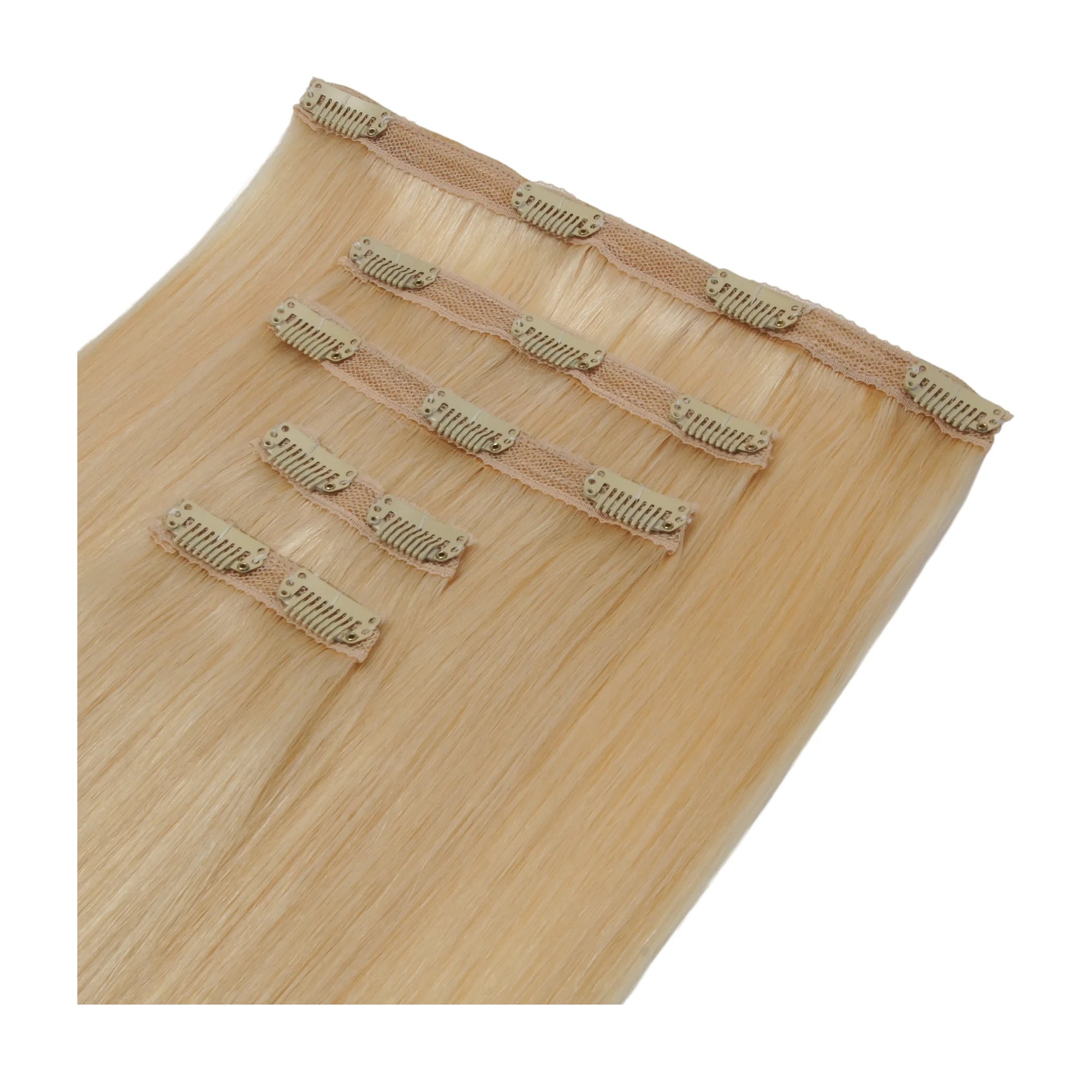 ENVY Clip-In Extension Golden Sand, side view showing clip placement and hair length