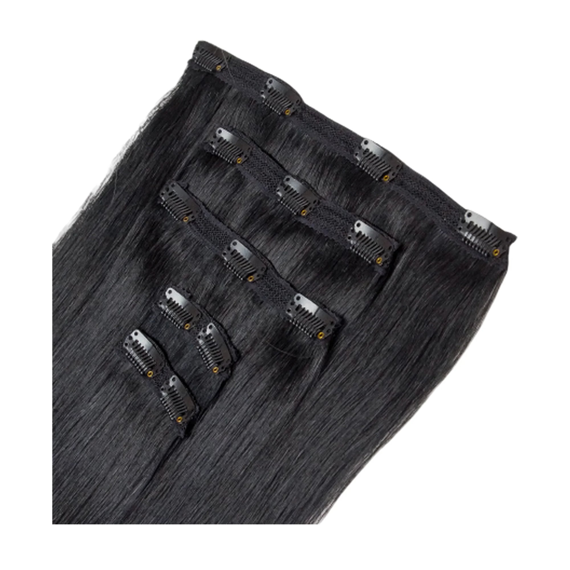 ENVY Clip-In Extension Jet Black, side view showing clip placement and hair length