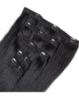 ENVY Clip-In Extension Jet Black, side view showing clip placement and hair length