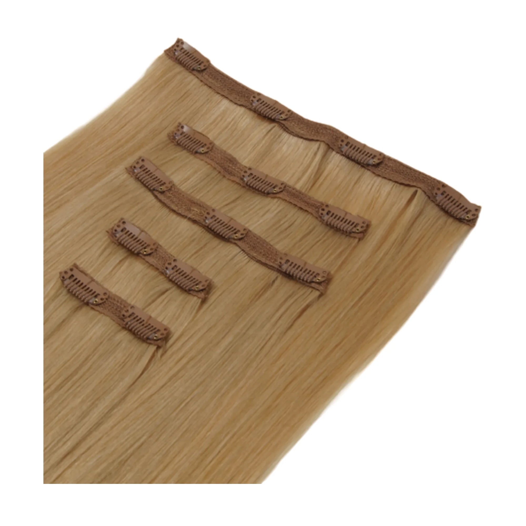 ENVY Clip-In Extension Wheat, side view showing clip placement and hair length