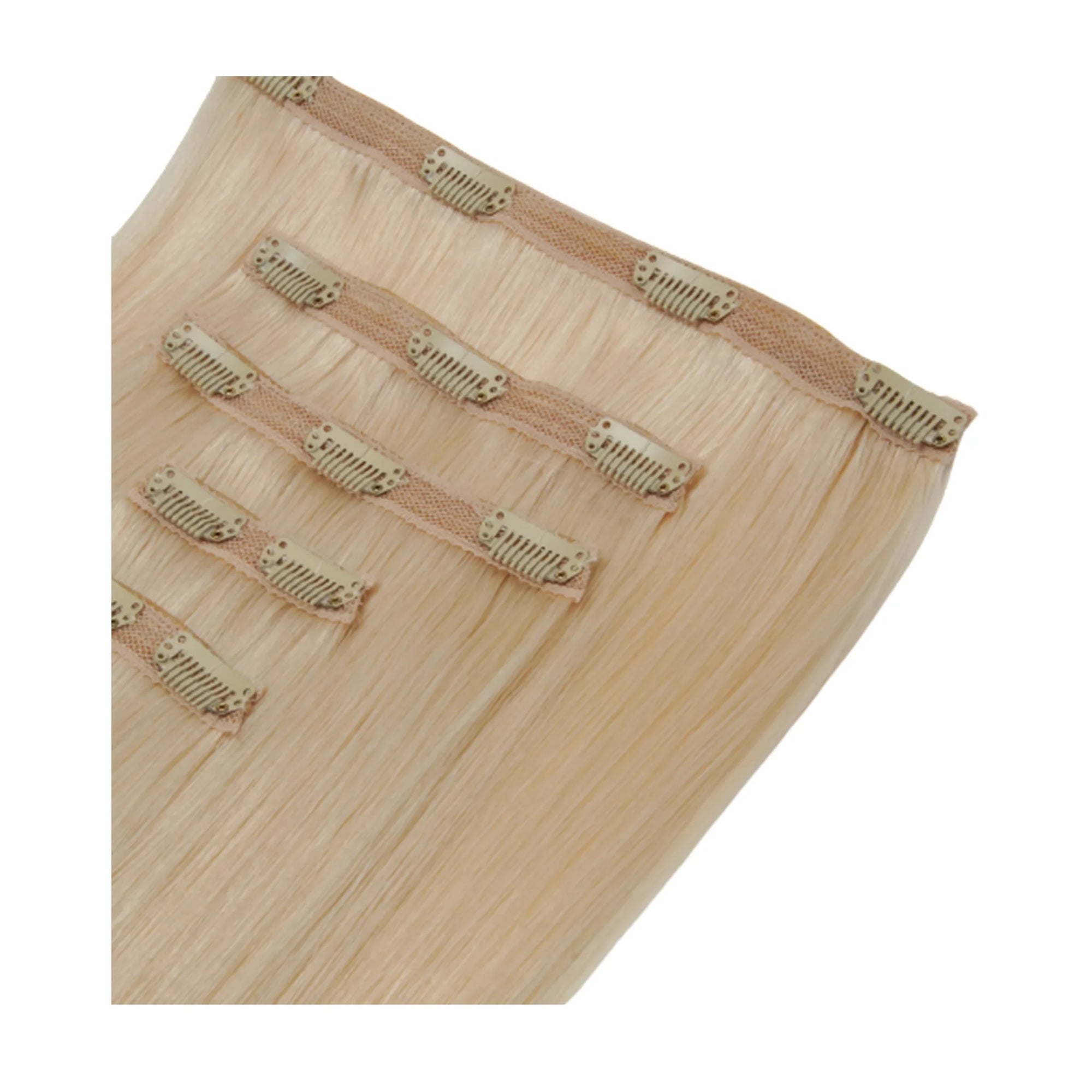 ENVY Clip-In Extension White Gold, side view showing clip placement and hair length