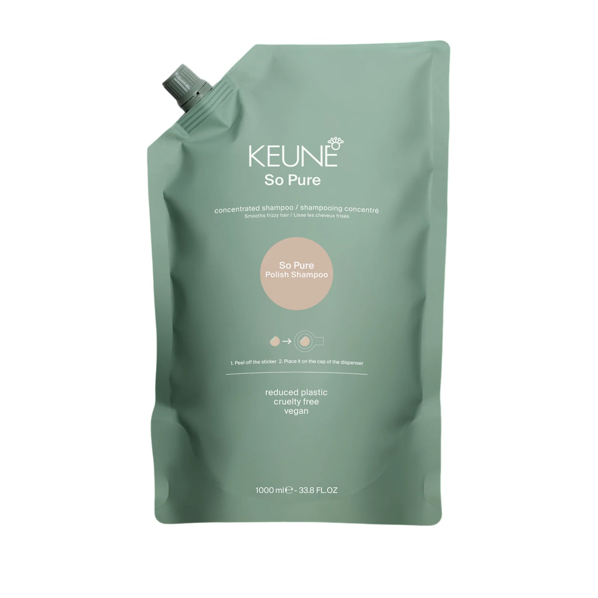 Keune So Pure Polish Shampoo Refill 1000ml, vegan smoothing refill pouch in Cyprus at WOOP