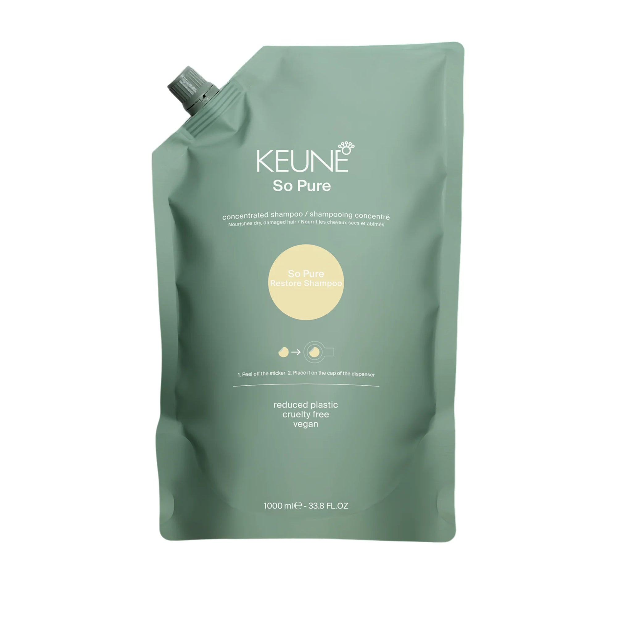 Keune So Pure Restore Shampoo Refill 1000ml, vegan restoring refill pouch in Cyprus at WOOP